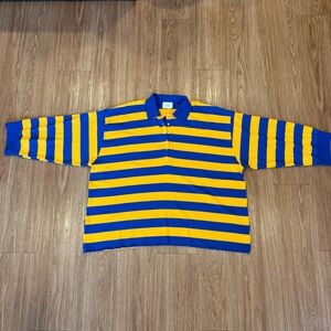 Striped Long-Sleeve Polo Tee in Blue & Yellow